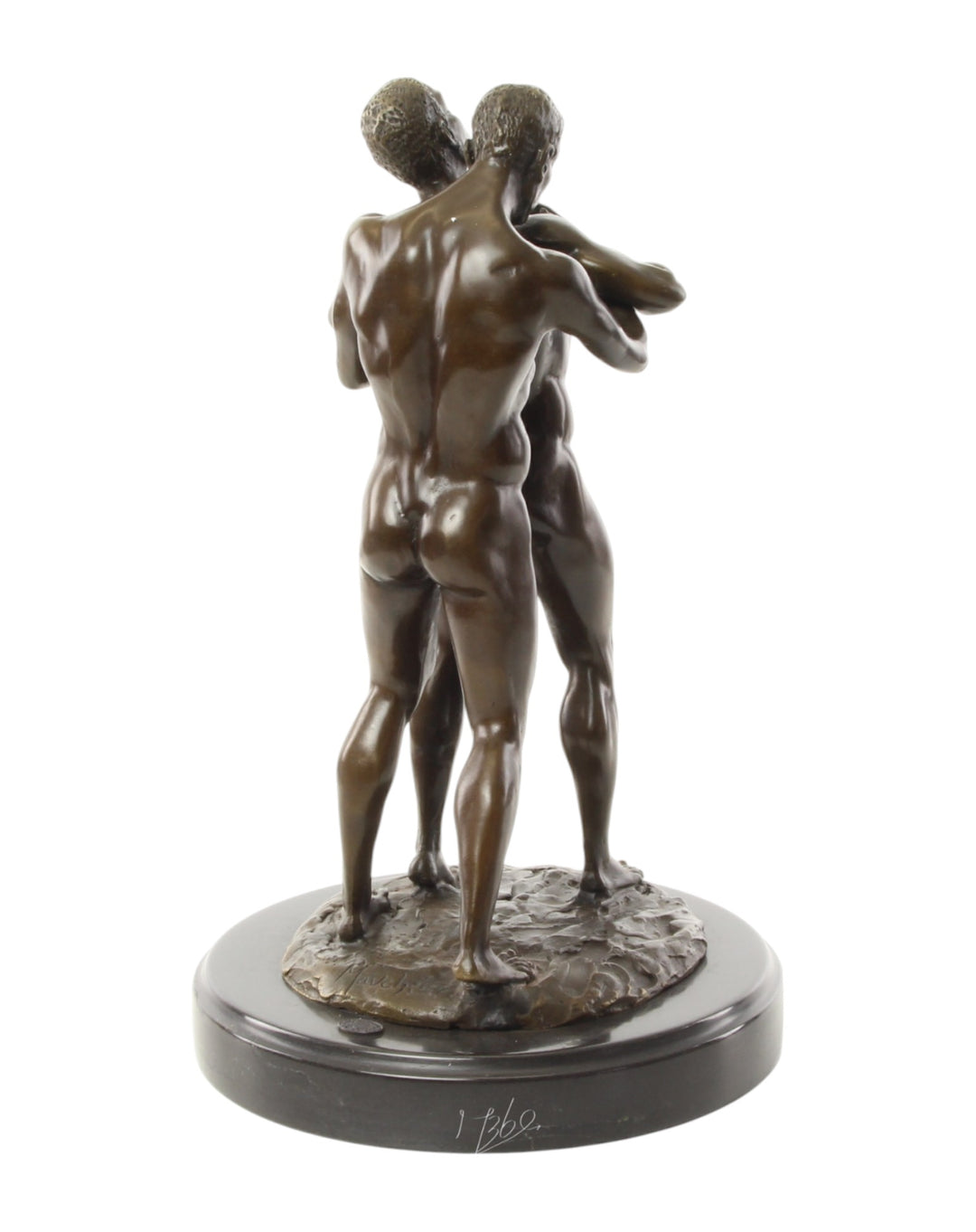 Bronze sculpture of an embracing nude male couple