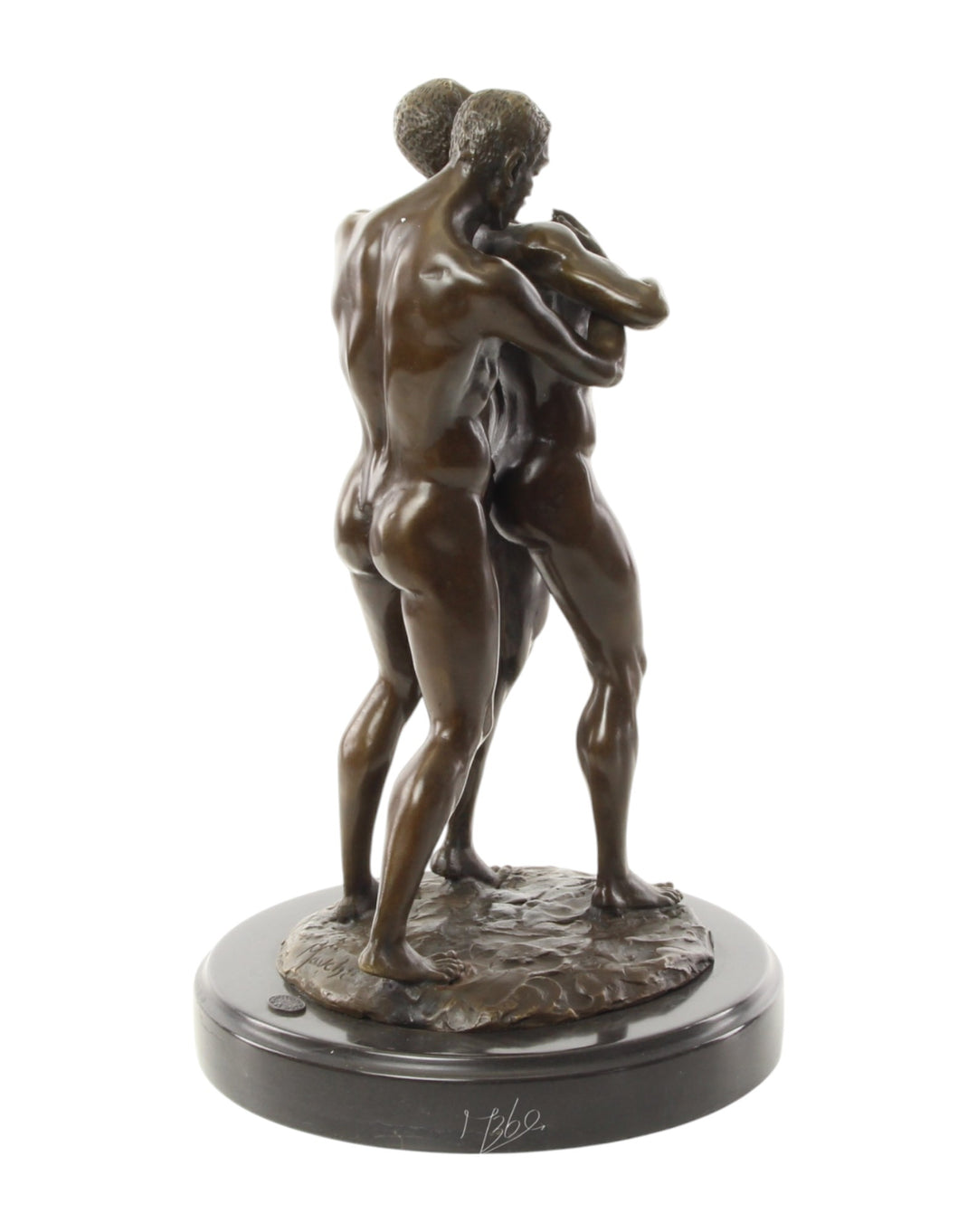 Bronze sculpture of an embracing nude male couple