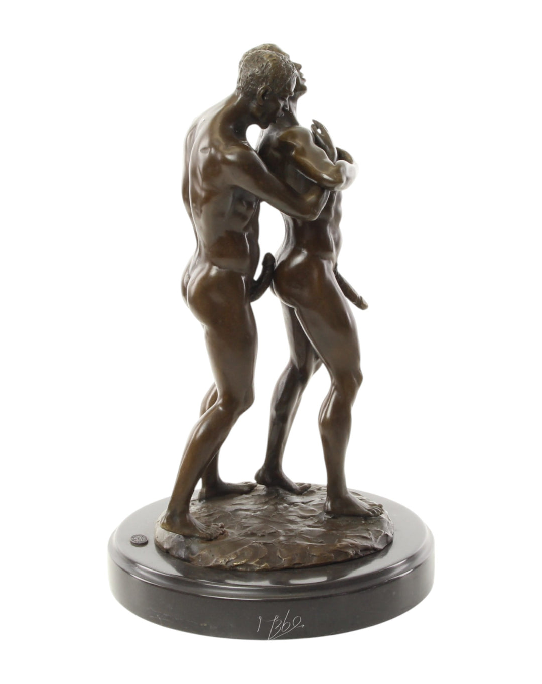 Bronze sculpture of an embracing nude male couple