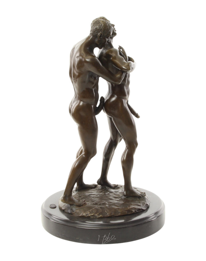 Bronze sculpture of an embracing nude male couple