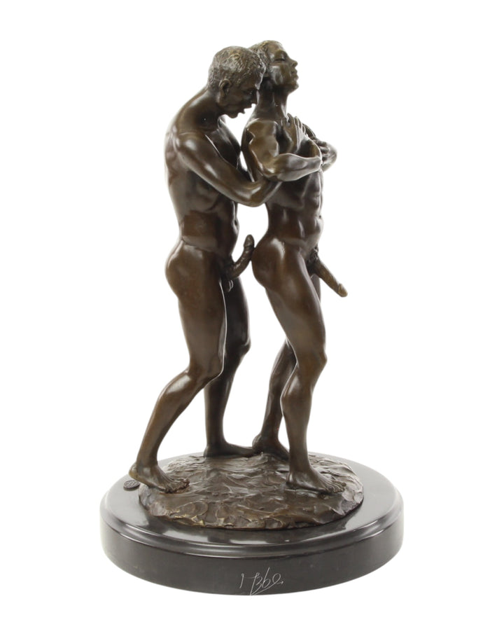 Bronze sculpture of an embracing nude male couple
