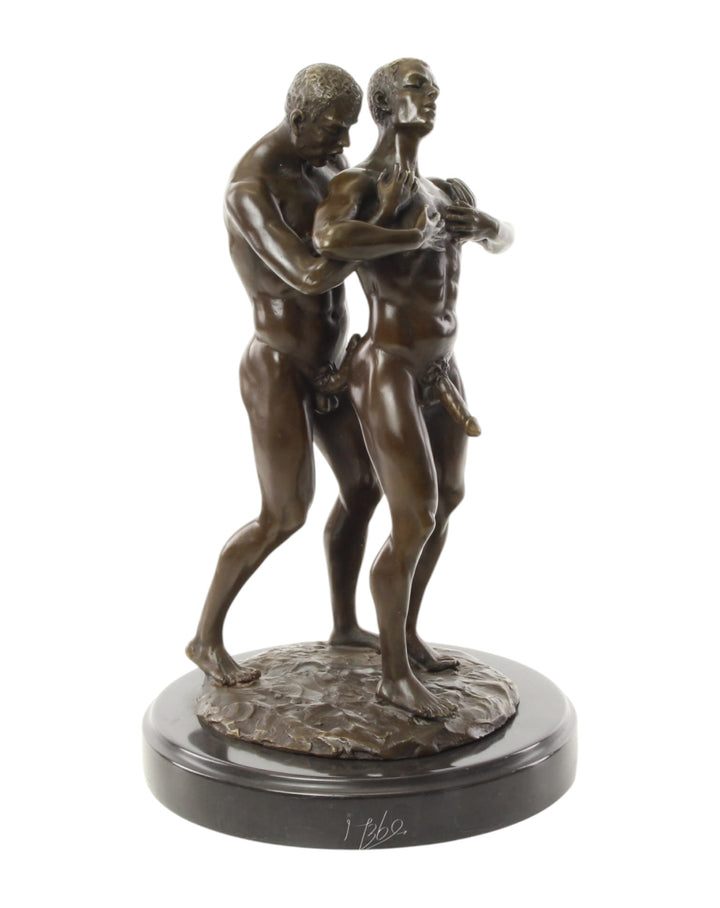Bronze sculpture of an embracing nude male couple