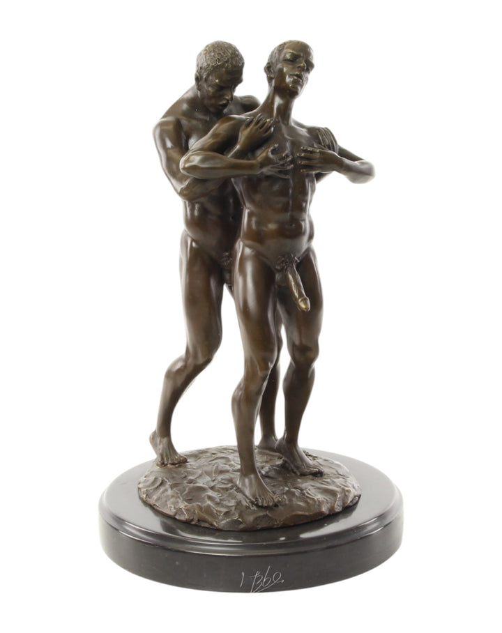 Bronze sculpture of an embracing nude male couple