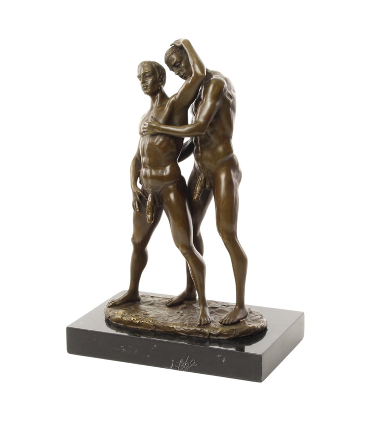 Bronze sculpture of a male couple being intimate