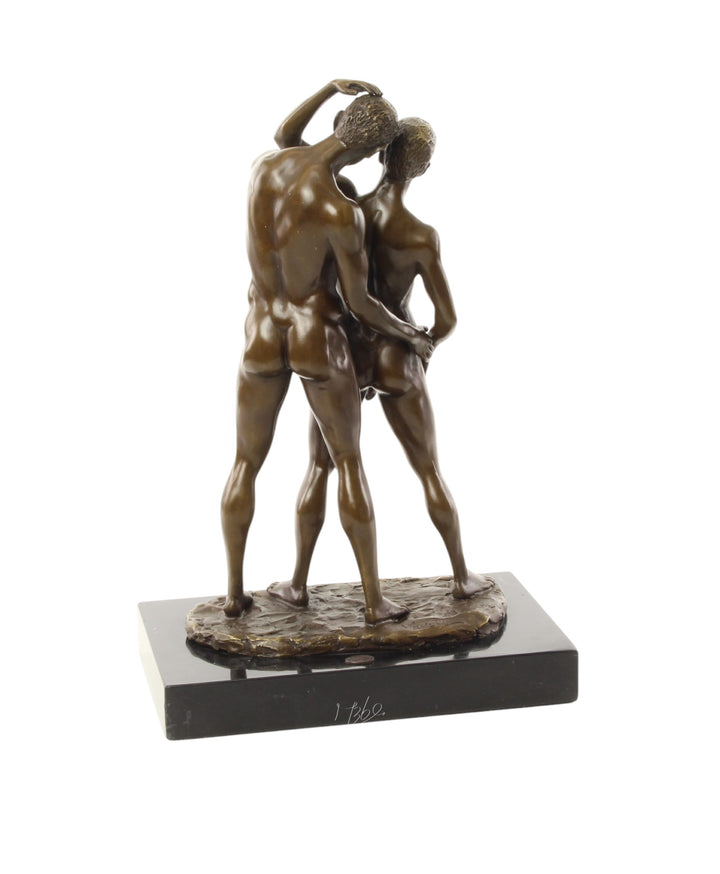 Bronze sculpture of a male couple being intimate