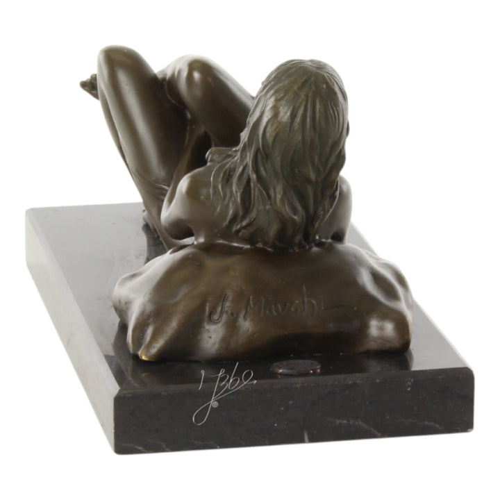 Bronze sculpture of a female nude taking off her panties