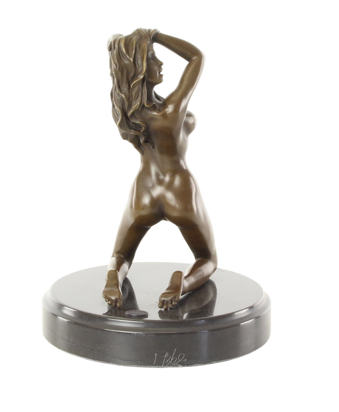 Erotic bronze sculpture of a female nude posing on her knees