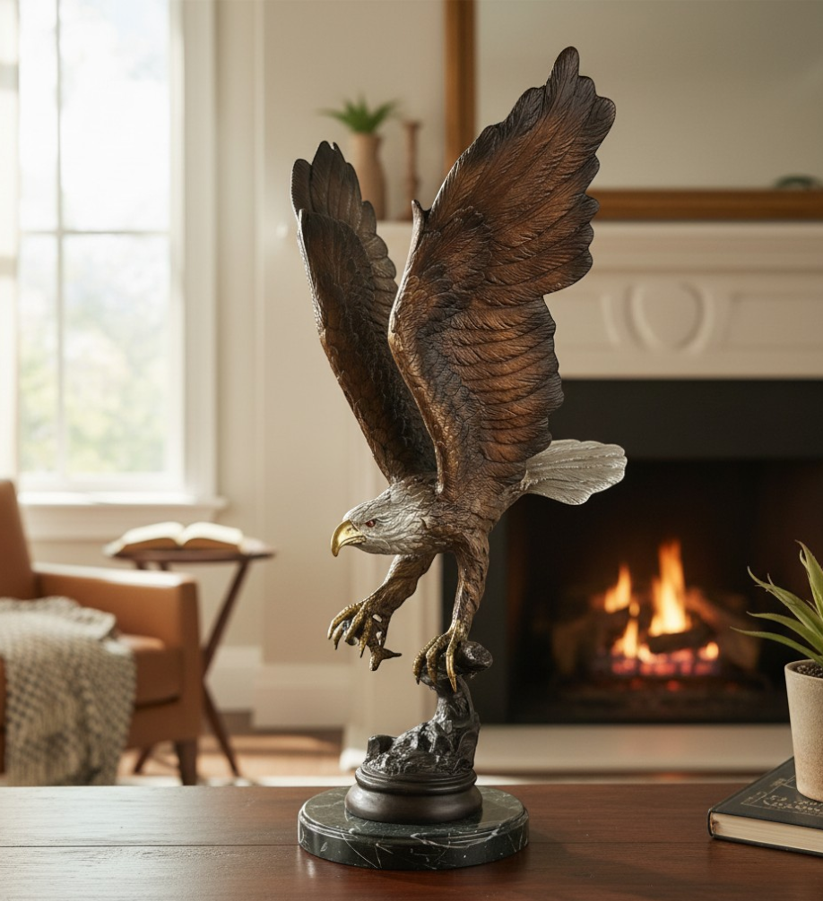 Bronze sculpture of a fishing eagle with wings spread