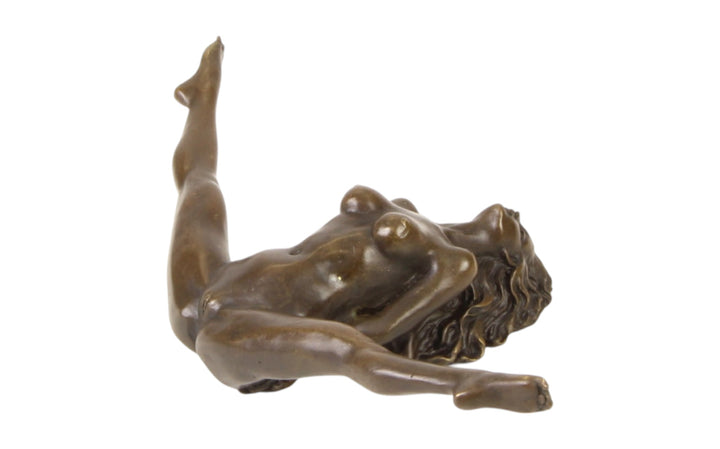 Bronze sculpture of a female nude with legs spread wide