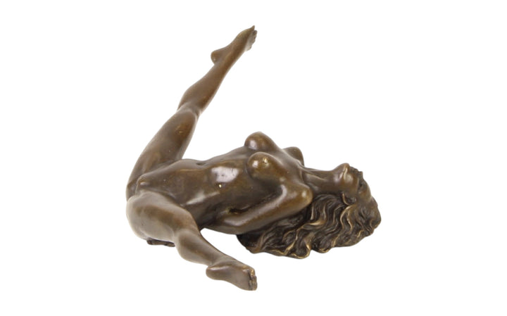 Bronze sculpture of a female nude with legs spread wide