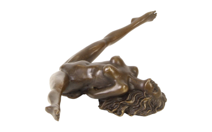 Bronze sculpture of a female nude with legs spread wide