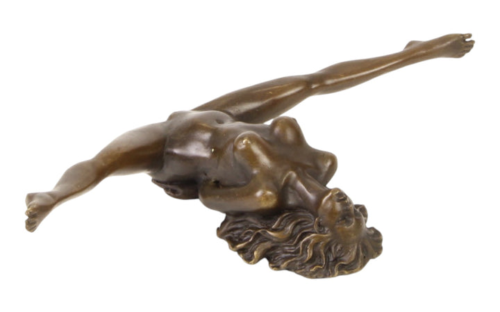 Bronze sculpture of a female nude with legs spread wide