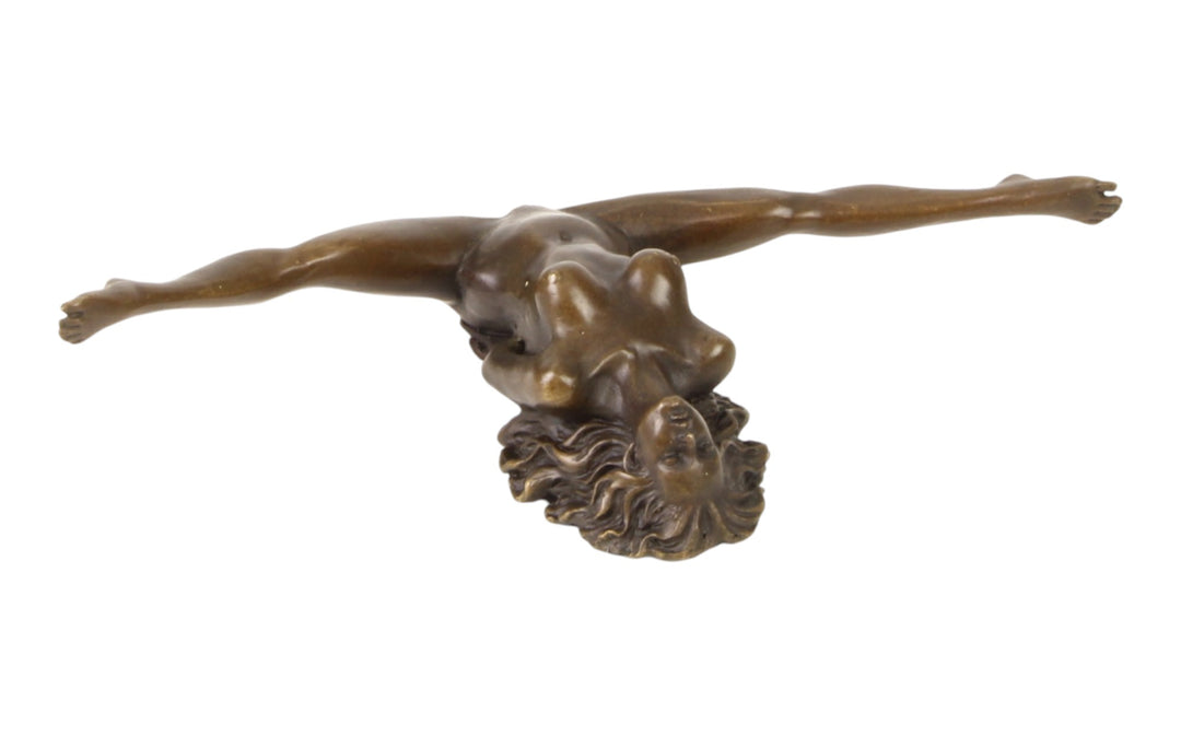 Bronze sculpture of a female nude with legs spread wide