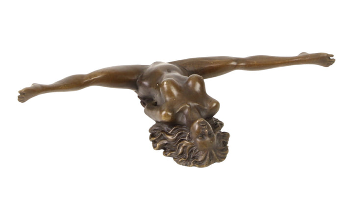Bronze sculpture of a female nude with legs spread wide