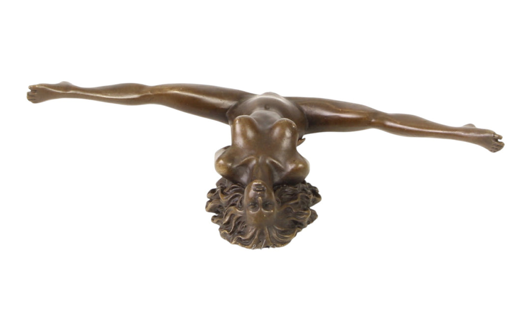 Bronze sculpture of a female nude with legs spread wide