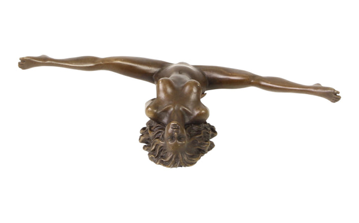 Bronze sculpture of a female nude with legs spread wide