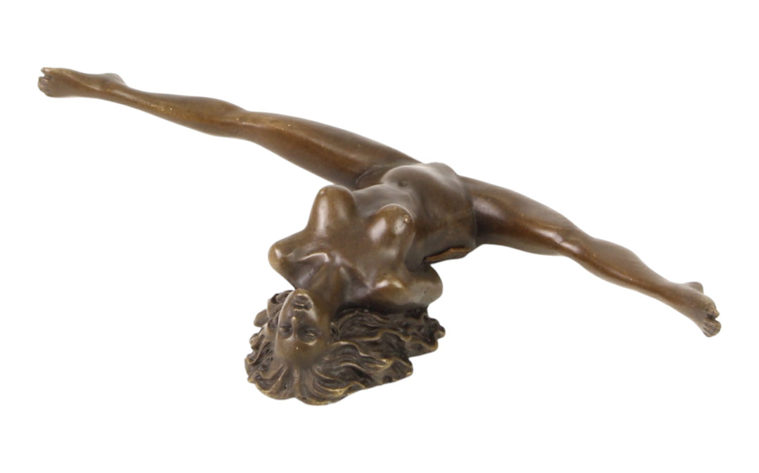 Bronze sculpture of a female nude with legs spread wide