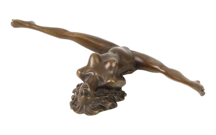 Bronze sculpture of a female nude with legs spread wide