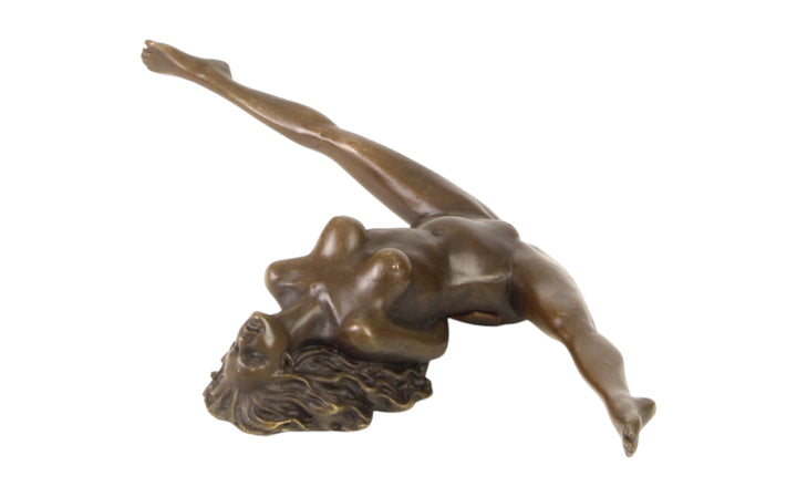Bronze sculpture of a female nude with legs spread wide