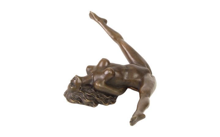 Bronze sculpture of a female nude with legs spread wide