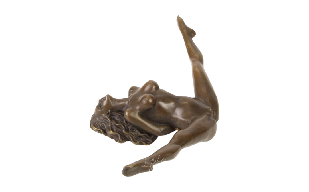 Bronze sculpture of a female nude with legs spread wide