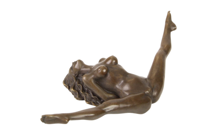 Bronze sculpture of a female nude with legs spread wide
