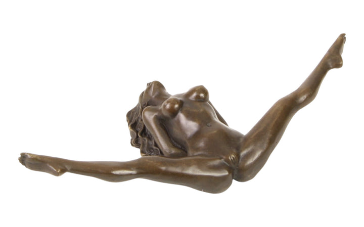 Bronze sculpture of a female nude with legs spread wide