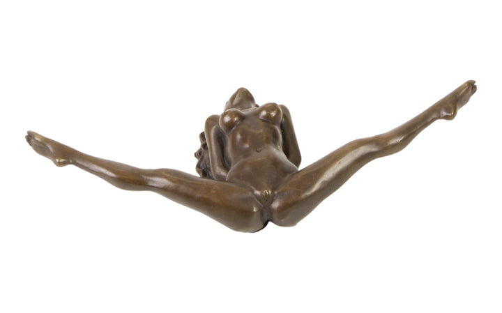 Bronze sculpture of a female nude with legs spread wide