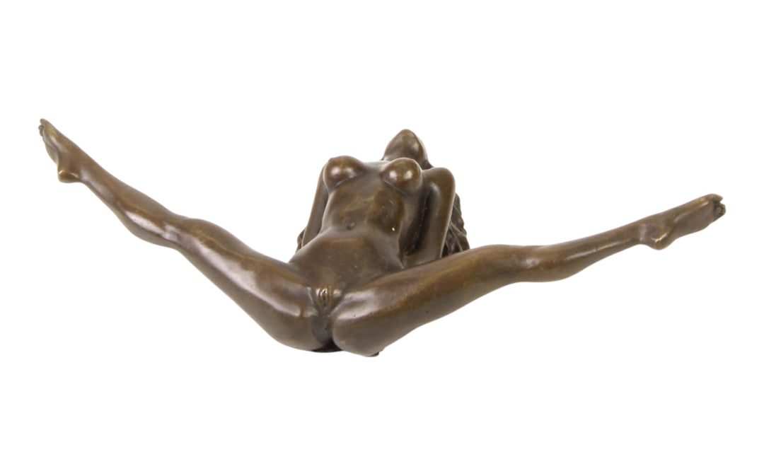 Bronze sculpture of a female nude with legs spread wide