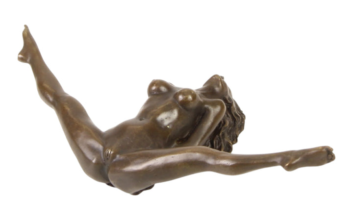 Bronze sculpture of a female nude with legs spread wide