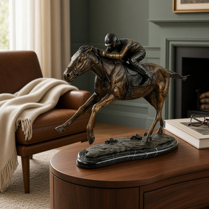Bronze Sculpture of a Racehorse with Jockey