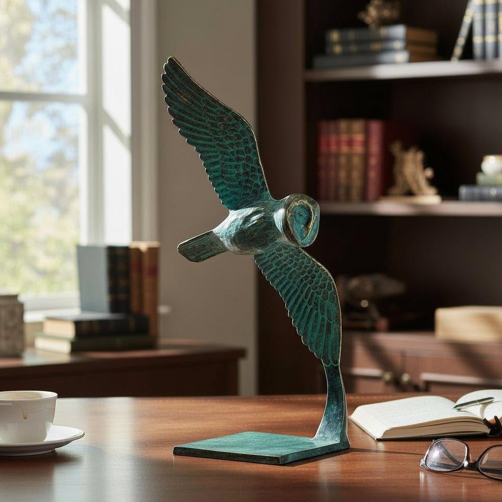 Bronzeskulptur einer Eule, die durch die Luft gleitet