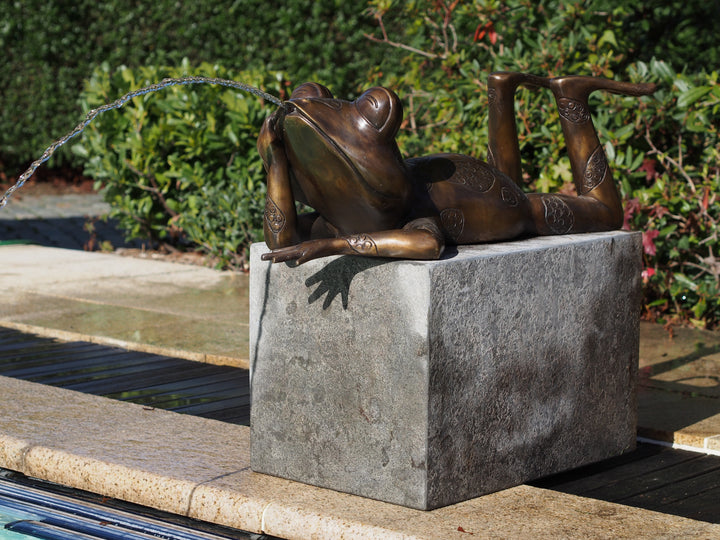 Bronze relaxing frog fountain and sculpture