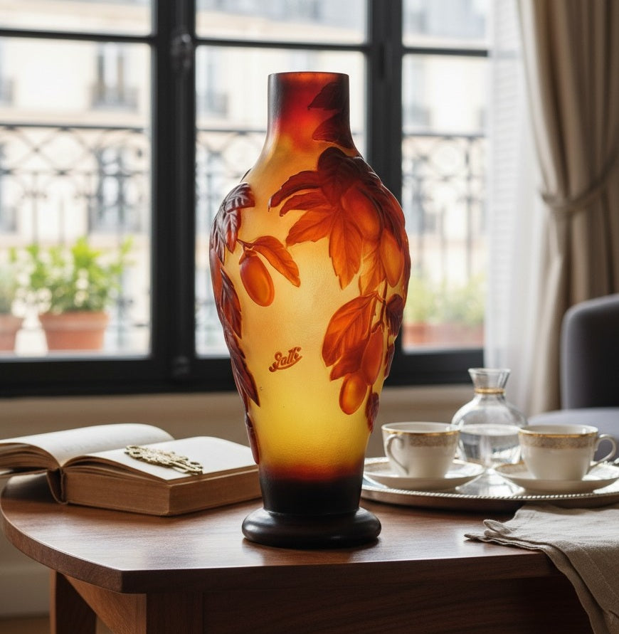 Cameo glass vase with prune decoration