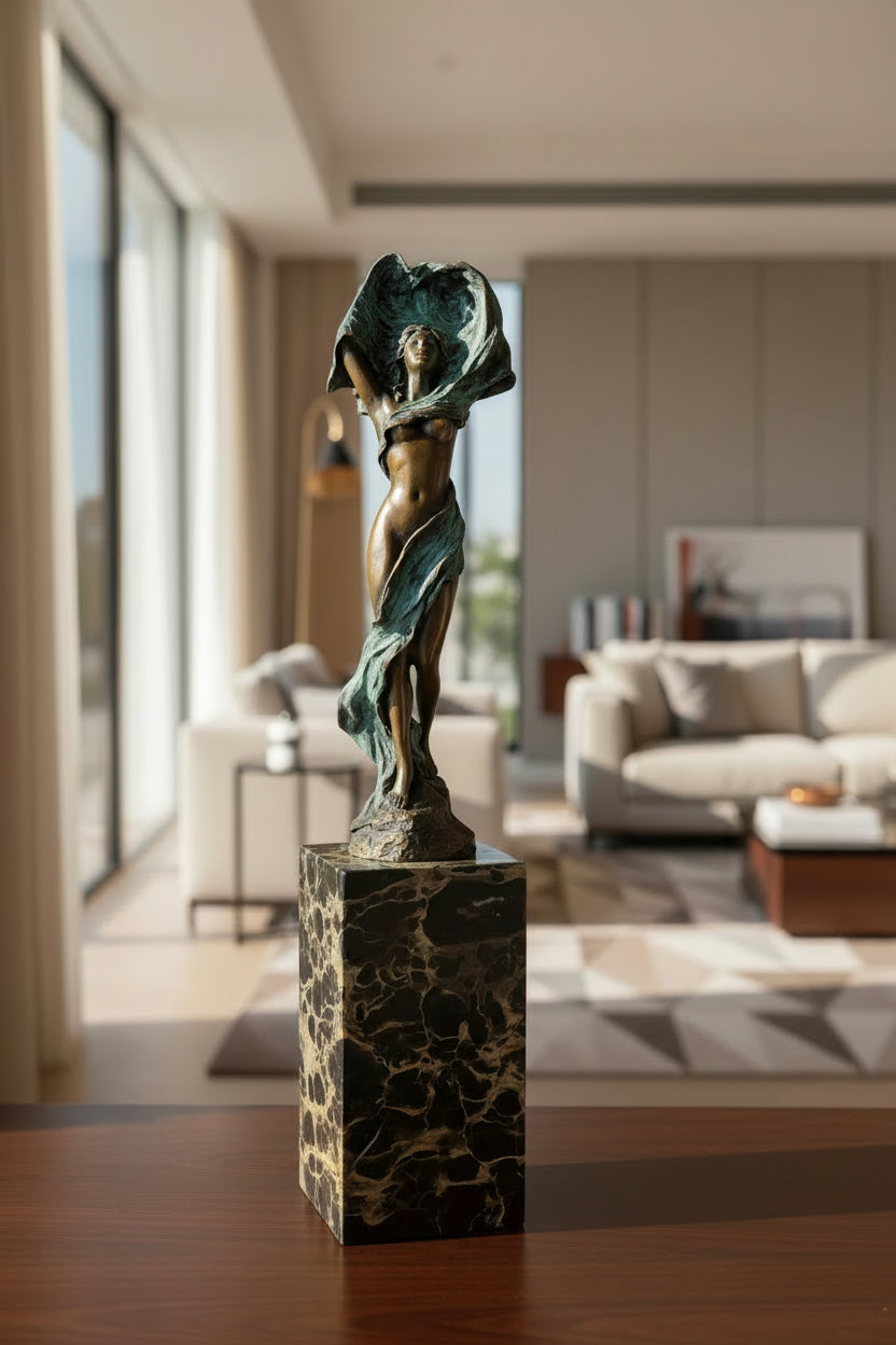 Modern bronze sculpture of dancing female nude with scarf