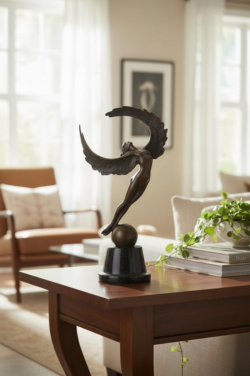 Bronzeskulptur einer geflügelten Frau in aufsteigender Bewegung