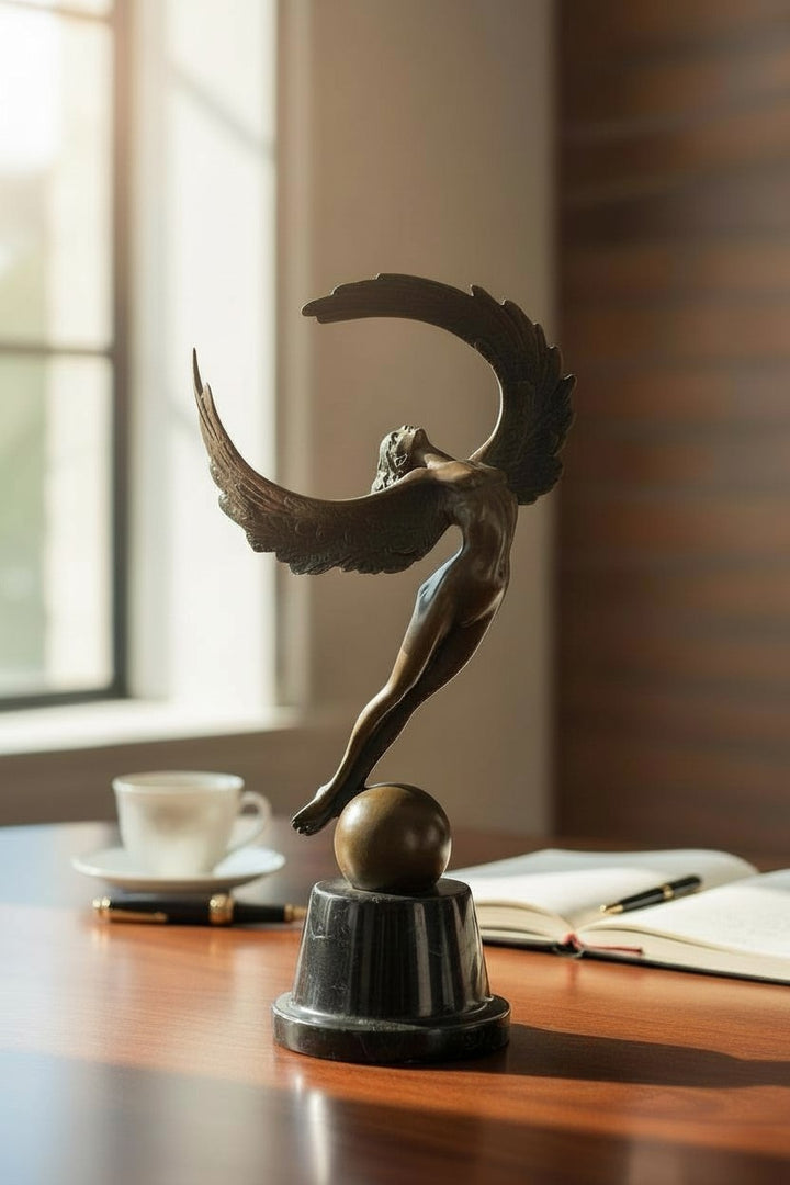 Bronzeskulptur einer geflügelten Frau in aufsteigender Bewegung