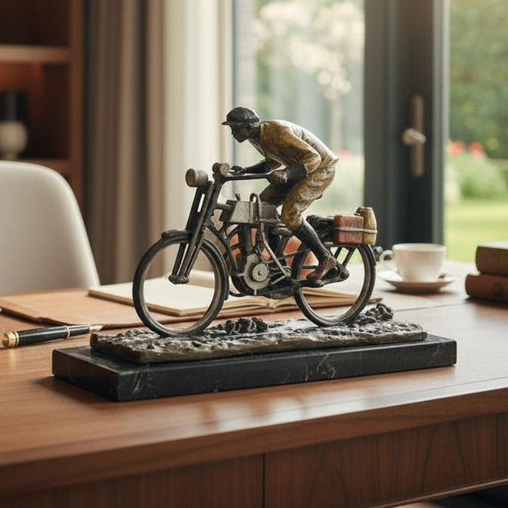 Bronze sculpture of an early moped rider