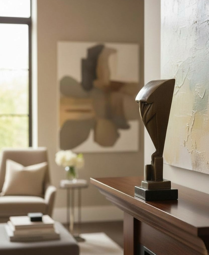 Escultura de búho de bronce inspirada en Chris van der Hoef