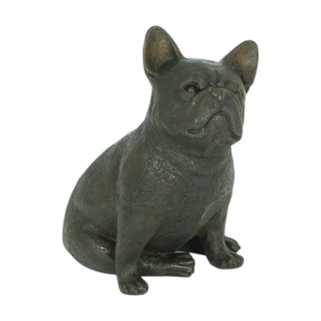 Bronze sculpture of a sitting French Bulldog, decorative art piece, warm brown patina, ideal for dog lovers.