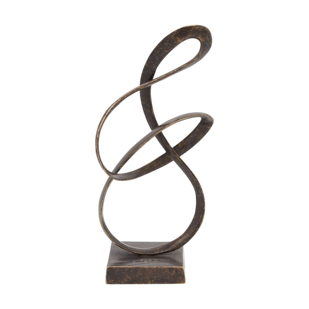 Abstract bronze sculpture symbolizing eternity with flowing loops, aged patina, modern decor accent, 10 x 14 x 29 cm.