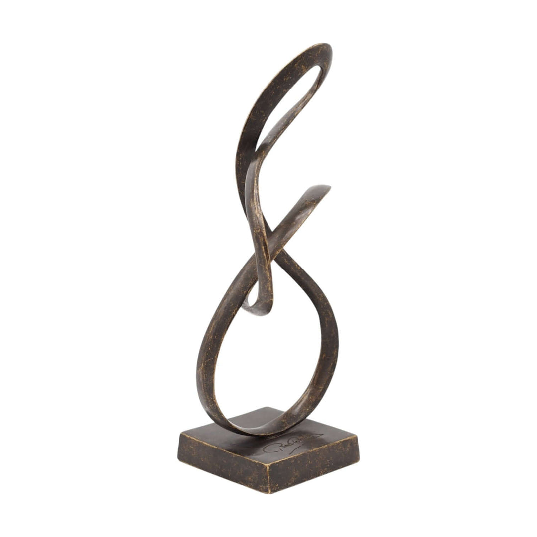 Abstract bronze sculpture symbolizing eternity; elegant flowing loop design for modern interiors.