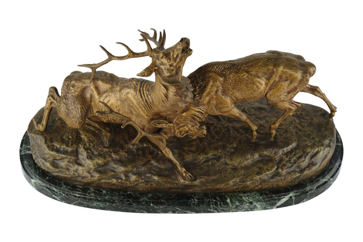 Antique bronze sculpture of two stags fighting in a dramatic pose by Charles Masson, 19th century, France.
