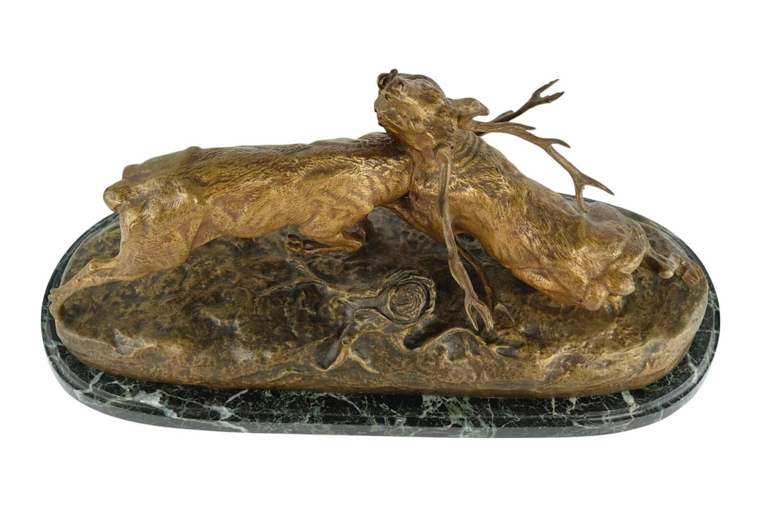 Antique bronze sculpture of two stags battling, crafted by Charles Masson, showcasing detailed artistry and strength.