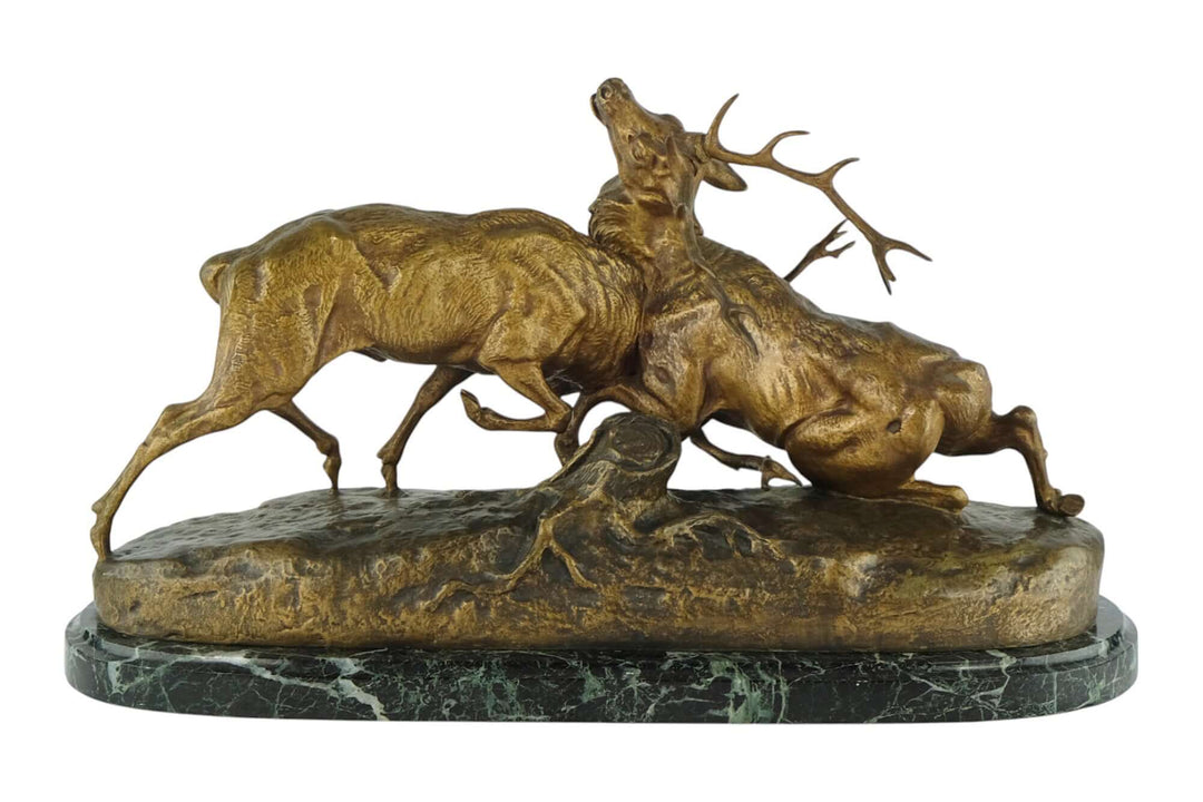 Antique bronze sculpture of two fighting stags by Charles Masson, 19th-century art in France.