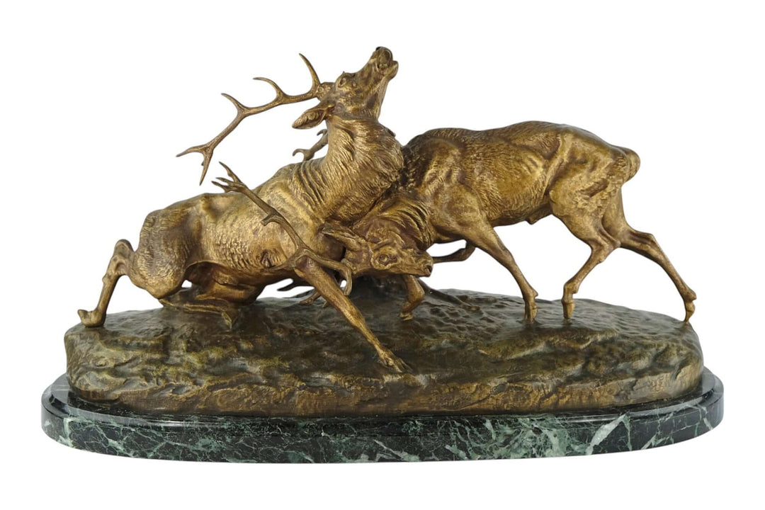 Antique bronze sculpture of fighting stags by Charles Masson, 19th century, France, detailed craftsmanship.