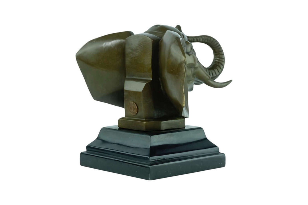 Art Deco bronze sculpture of an elephant head, detailed with tusks and trunk raised, on a marble base.