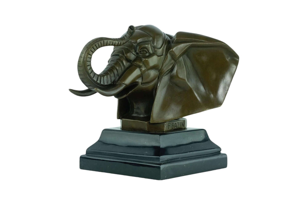 Bronze Art Deco elephant head sculpture with raised trunk on marble base, detailed craftsmanship by Francois Victor Bazin.