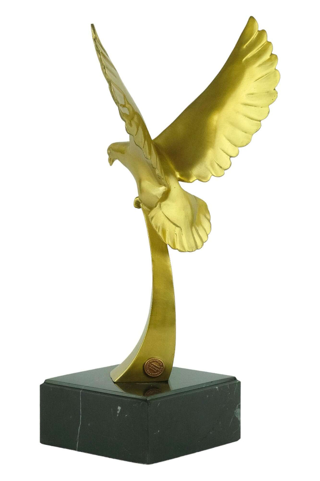 Art Deco golden bird sculpture on marble base, depicting an elegant ascending bird in flight, perfect for decor.