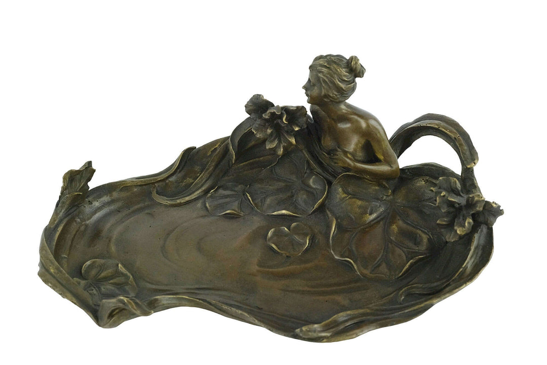 Detailed bronze tray featuring a bathing female and floral motifs, Art Nouveau style décor.